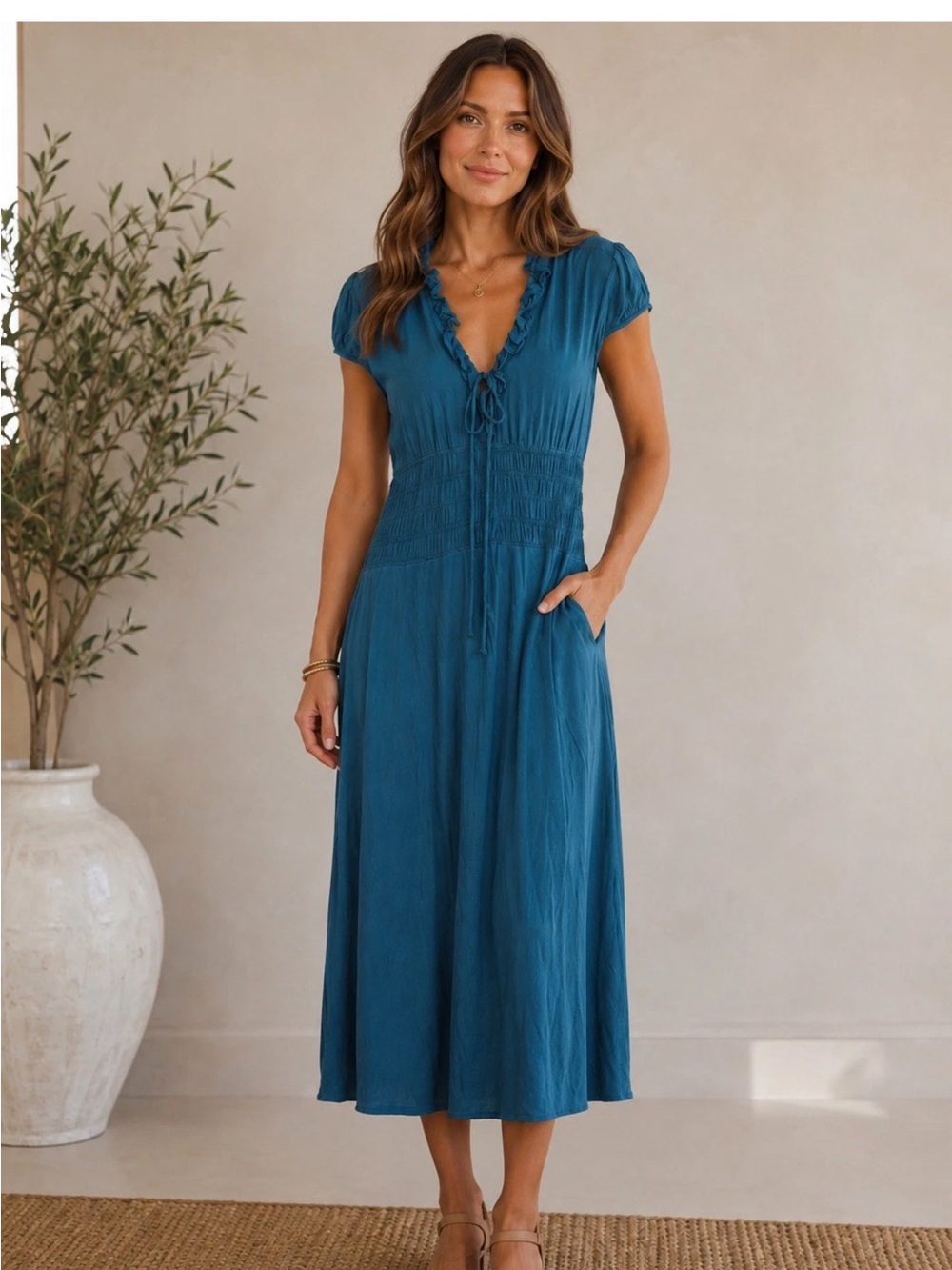 BCBG Paris Peasant Dress Teal Ruffle V-Neck Stretch‎ Jersey Smocked Cap Sleeves
